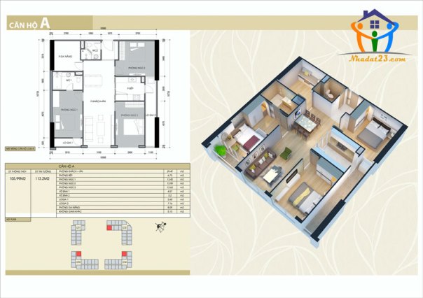 Căn hộ A eco green city với 3 phòng ngủ 105 m2